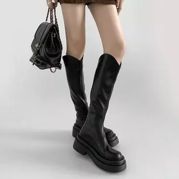 Black retro versatile thick-heeled platform boots for women s 2025 new summer v-mouth thin and heightened knight boots 35 чёрный