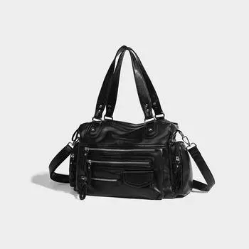 Black Retro Zipper Locomotive Bag Casual Soft Handbag Light Luxury College Style Shoulder Messenger Bag