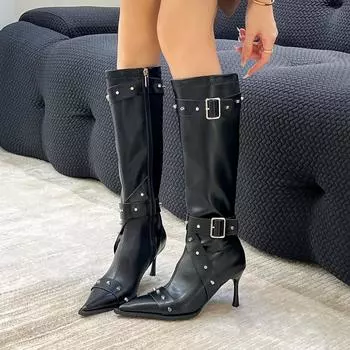 Black rivet pointed high heel boots children 2025 new soft leather boots 35 чёрный