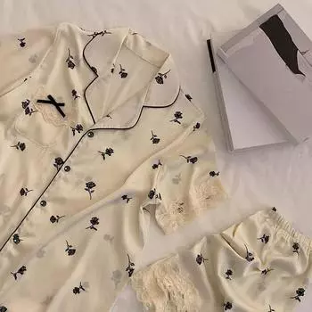 Черная кружевная пижама с розами для женщин, романтическая элегантность и стильная ночная рубашка с цветочным принтом, новая летняя мода для женщин, для отдыха M