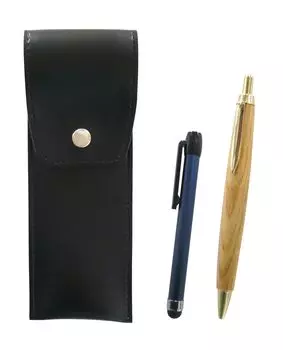 Black Round Button Pen Case with Blue Metallic Stick and Retro Maple Ballpoint Pen Set Two-Pack Japanese-Made (BRS-B-ALL-HS47S-2)