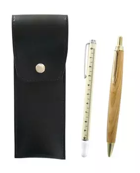 Black Round Button Pen Case with Slide Measuring Stick and Retro Maple Ballpoint Pen Set Two-Pack Japanese-Made (BRSB-708W-HS47S-2)
