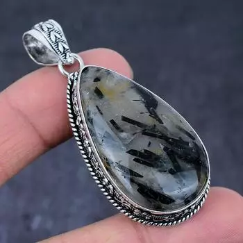 Black Rutile Gemstone Handmade 925 Sterling Silver Jewelry Pendant 2.44 L6w10