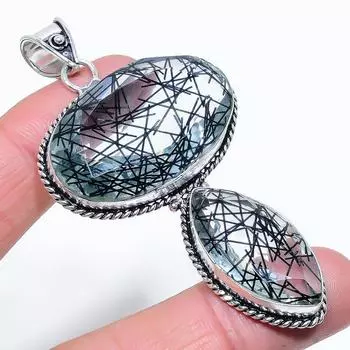 Black Rutile Gemstone Handmade 925 Sterling Silver Jewelry Pendant 3.15 a0R42