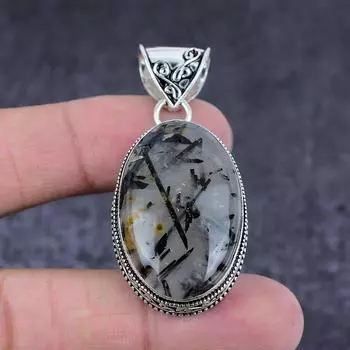 Black Rutile Gemstone Handmade 925 Sterling Silver Jewelry Pendant 2.09 y8E79