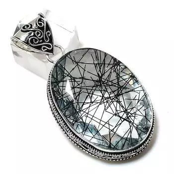 Black Rutile Gemstone Handmade 925 Sterling Silver Jewelry Pendant 2.25 l1Z89