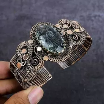 Black Rutile Gemstone Handmade Copper Wire Wrap Cuff Bangle Adjustable Z2V81