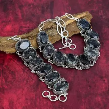 Ювелирные изделия ручной работы с черным рутиловым камнем, комплект ювелирных изделий из стерлингового серебра 925 пробы, чудесное ожерелье и браслет для свадебного подарка Adjustable With 8 -18 чёрный