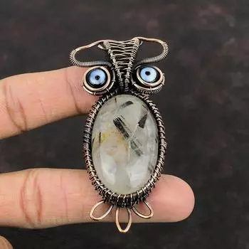 Black Rutile Pendant Copper Wire Wrapped Pendant Black Color Evil Eye Pendant Gemstone Pendant Owl Jewelry For Gift Handmade Copper Jewelry