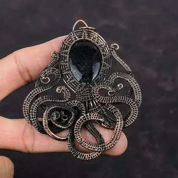 Black Rutile Pendant Copper Wire Wrapped Pendant Gemstone Pendant Copper Jewelry Handmade Octopus Pendant Wire Wrapped Jewelry Gift For Her