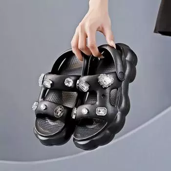 Черные сандалии женские летние новые 2024 года на толстой подошве пляжные классные тапочки для прогулок в дождливые дни нескользящие полутапочки 122 35-36 чёрный