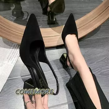 Black Sandals Women Summer 2024 New Fashion Women s Sandals Pointed Pumps Shoes Office Dress Shoes Sexy Square Heels High Shoes 35 чёрный