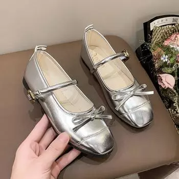 Black Shallow Mouth Flat Single Shoes Female Summer Wind Retro Mary Jane Female Shoes Fashionable and Comfortable 35 серебряный