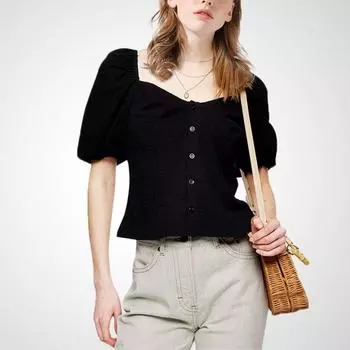 Black Shirt Waist Trimming Fashion Top Unique Summer Wear Black XL