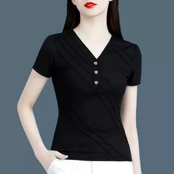 Black, Short Sleeve Ice Silk V Neck Stylish Small Shirt Top Female Loose Slimming and Fashionable Minimalist All-Matching Western Style T-shirt Black short-sleeved three buttons 3XL