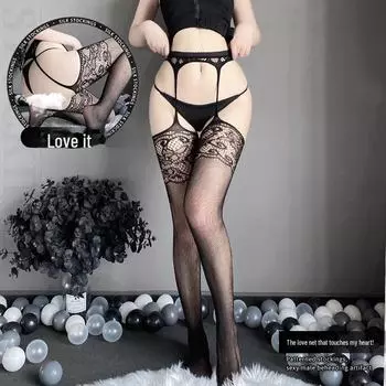 Черные шелковые чулки-сетка с подвязками - Сексуальные, стройнящие, длинные, цельные One Size (80-150 Jin)