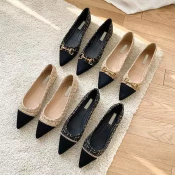 Black single shoes women s 2025 autumn and winter new spring and autumn pointed head small fragrant style low heel flat bottom shallow mouth versatil 35