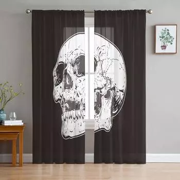 Black Skull Faces Bones Art Curtain For Living Room Transparent Tulle Curtains Window Sheer For The Bedroom Accessories Decor W135 x H114cm