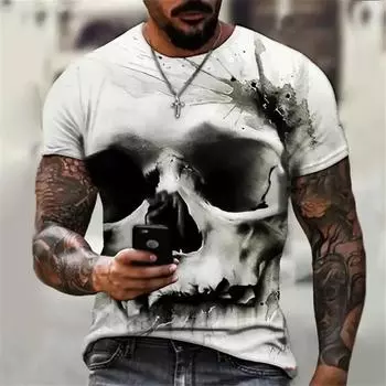 Black Skull Men Punk Skeleton T-shirt Rock Gun Blue T Shirts 3D Print Vintage Gothic Mens Clothing Summer Tops 2XL