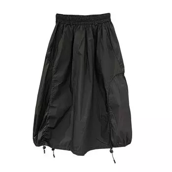 Black Slim Looking All-Match Mid Length Long Length A- line Dress with Drawstring Black S