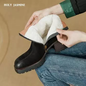 Black Snow Boots Women Ankle Boots 2024 Winter New Warm Cow Genuine leather Outdoor Casual Working Thick Heels Fur Shoes Woman 34 чёрный