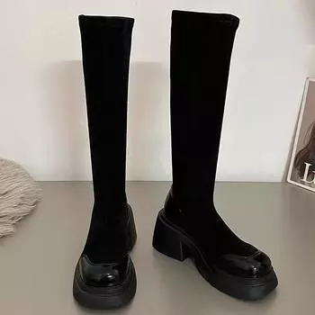 Black socks and boots Small medium tube high boots 2025 autumn and winter new thick-soled heightening elastic thin boots Women 35