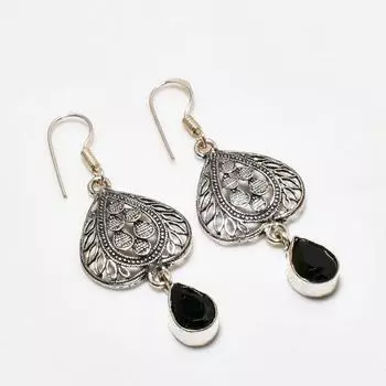 Серьги ручной работы из серебра 925 пробы с драгоценным камнем из черной шпинели, 2,00 дюйма