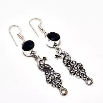 Серьги ручной работы из серебра 925 пробы с драгоценным камнем из черной шпинели 2,34 дюйма