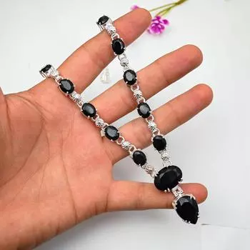 Black Spinel Gemstone Handmade 925 Solid Sterling Sliver Jewelry Necklace For Her