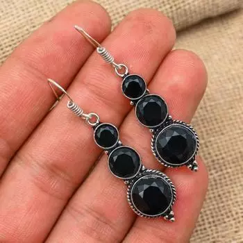 Black Spinel Gemstone Handmade 925 Sterling Silver Jewelry Earring Gift For Love