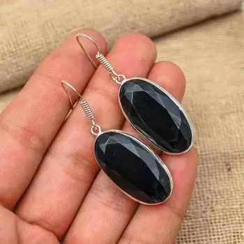 Black Spinel Gemstone Handmade 925 Sterling Silver Jewelry Earring Gift For Love