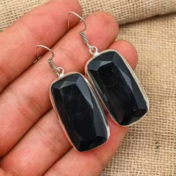 Black Spinel Gemstone Handmade 925 Sterling Silver Jewelry Earring Gift For Love