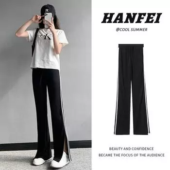 Black Split Wide Leg Pants For Women S Summer New Style Draping Sense, High Waist, Slim Casual Pants, Side Stripe, Micro Lapel Pants S чёрный