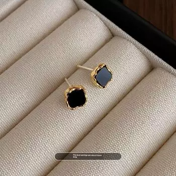 Black Square Female Best Selling Fashion Trending Small Ear Studs Golden Black Face ~ Mini Small Stud Earrings