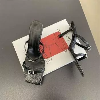 Black square head high heels women s summer new thin heels open toes wear cool slippers versatile casual women s shoes 35