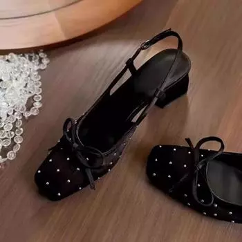Black square head single shoes women s new satin rhinestone bow leather one-word buckle thick heel bag head sandals 35