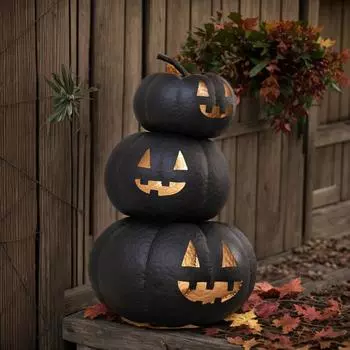 Black Stacked Plastic Pumpkins Towel Artificial Fake Halloween Decoration Paint Pumpkins For Porch Table Kitchen One Size