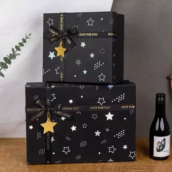 Black Star Gift Box With Ribbon Bow Rectangular Paper Box Birthday Gift Anniversary Exquisite Packaging Box