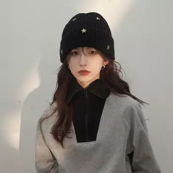 Black star knitted wool hat women s autumn and winter cold protection and warmth show face small hat Northeast couple cold hat M56-58cm темно серый