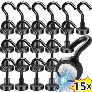 Black Strong Magnetic Hooks Wall-mounted Magnet Hook Multi-Purpose Keys Coat Hanging Hanger Kitchen Fridge Bathroom Organizer 1pc
