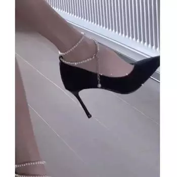 Black suede high heels women s stiletto 2025 new fairy style temperament socialite pearl buckle belt pointed single shoes 34