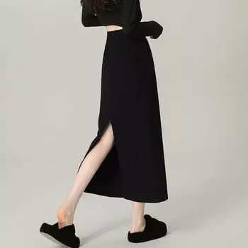 Black Suit High Waist Skirt Women s Autumn 2025 Fancy Elegant Drape Split Straight One-Step Hip Skirt Black small (Knitting suit thick) M