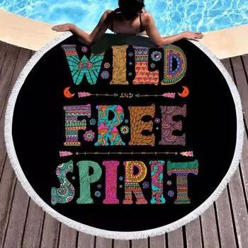 Черное летнее круглое пляжное полотенце WILD FREE SPIRIT с надписями Полотенца для душа и ванной Кисточки Коврик для пикника и йоги Коврик для пляжа Салфетка 150x150cm чёрный