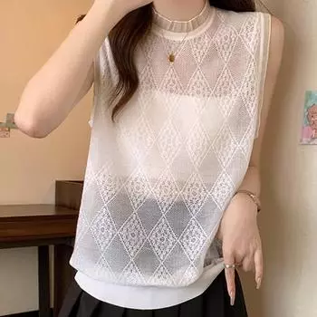 Black Tank Tops Women 2025 Summer Sleeveless O-Neck White Knitted Tank Tops Camis Women Tops JJ264 One Size чёрный