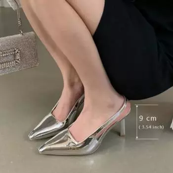 Black Temperament Aristocratic Thin High Heels Sandals for Women Summer Silver Pointed Toe Back Strap Gold Cover Head Party Shoe 35 серебряный