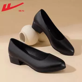 Black thick-heeled leather shoes, career interview, high heels, not tired at work, comfortable feet, women s shoes, flight attendant work shoes 35