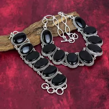 Ювелирные изделия из натурального драгоценного камня с черным турмалином, браслет и ожерелье из стерлингового серебра 925 пробы, набор украшений ручной работы из цепочки для подарка Adjustable With 8 -18 чёрный