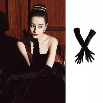 Black Velvet Gloves Ju Jingyi Same Hepburn Style Bride Photo Banquet Accessories Birthday Dress Gloves Long Black velvet with hot bar