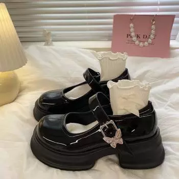 Black versatile small leather shoes women s new thick heel uniform Mary Jane single shoes medium heel dress light mouth 35 чёрный