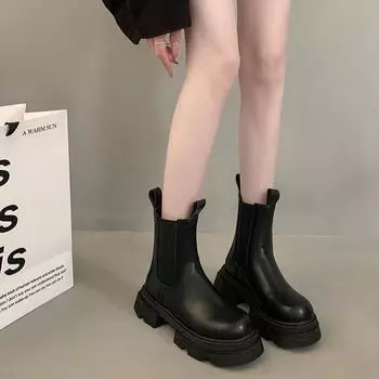 Black versatile thick heel platform Martin boots women s 2025 new summer thin small retro heightening short boots 35 коричневый